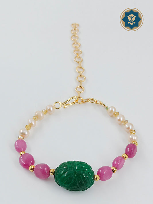 Natural Stones Beaded Bracelet – Real Pearls, Carved Green Beryl & Pink Quartz
