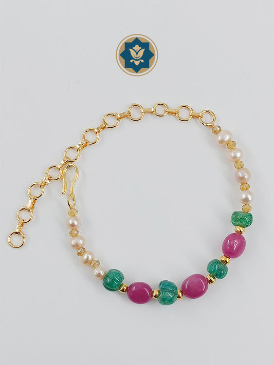 Real Pearls Bracelet with Green Pumpkin and Pink Stone Beaded
