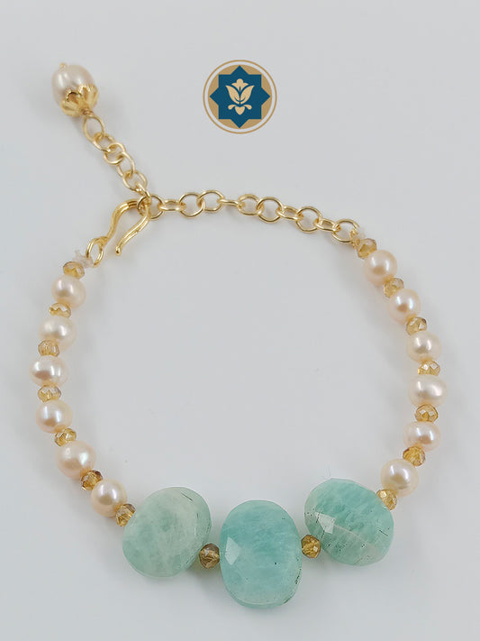 Real Pearls and Amazonite Stone Beaded Bracelet