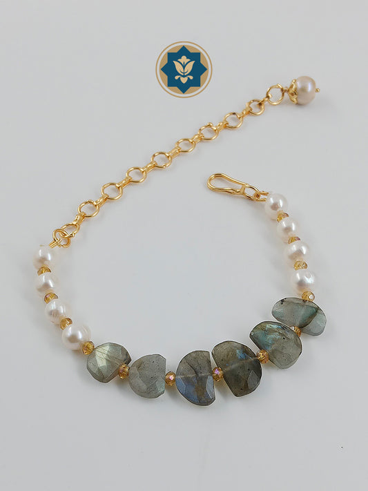 Labradorite Stone and Real Pearl Bracelet