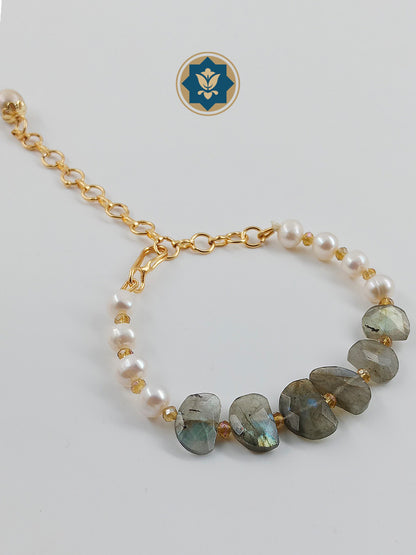 Labradorite Stone and Real Pearl Bracelet
