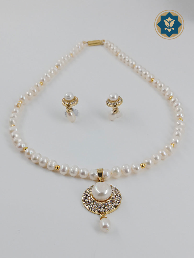 Classic Elegance: White Pearl & CZ Pendant Set (Casual Chic)