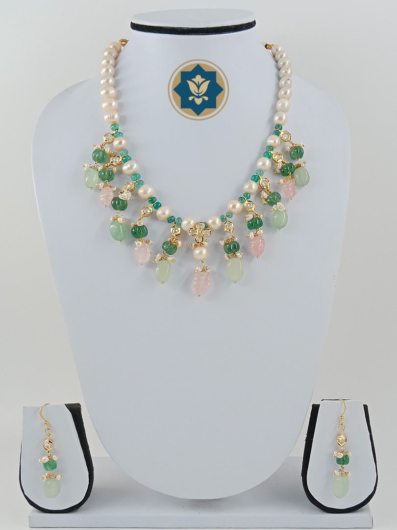Harmony Vibes: Rose Quartz, Pearl & Green Stone Necklace (Casual Chic, Love & Peace)