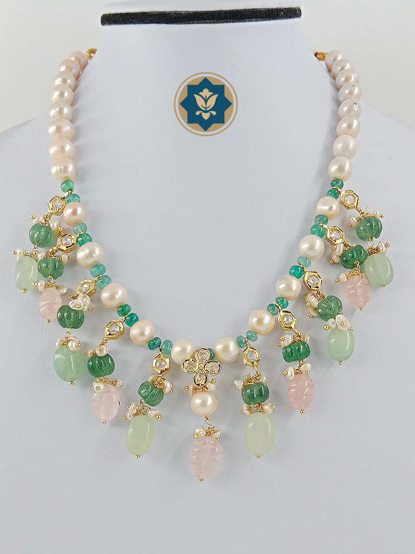 Harmony Vibes: Rose Quartz, Pearl & Green Stone Necklace (Casual Chic, Love & Peace)